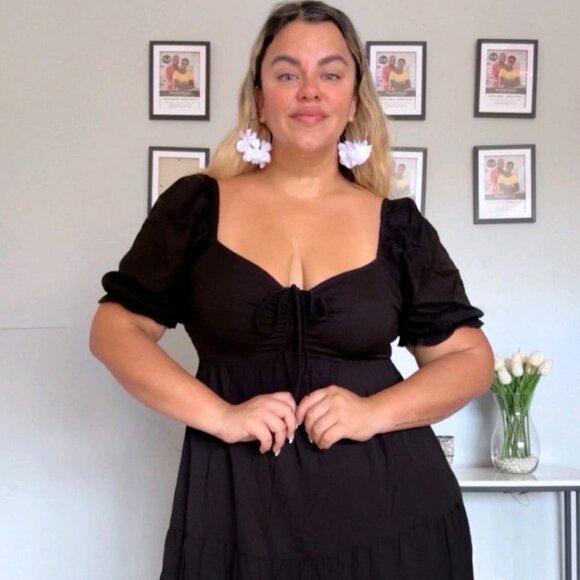 Plus Size Summer Dresses Sweetheart Neck with Drawstring and Puff Sleeve Casual - Picture 1 of 14